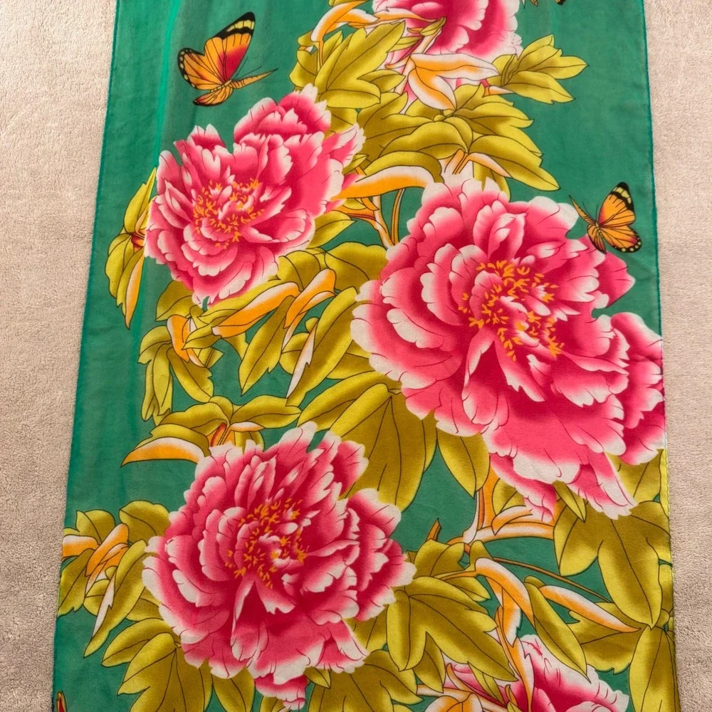 Bold Floral Peony 60x18 Scarf Green Pink Butterfly Boho Coastal‎ Resort Beach